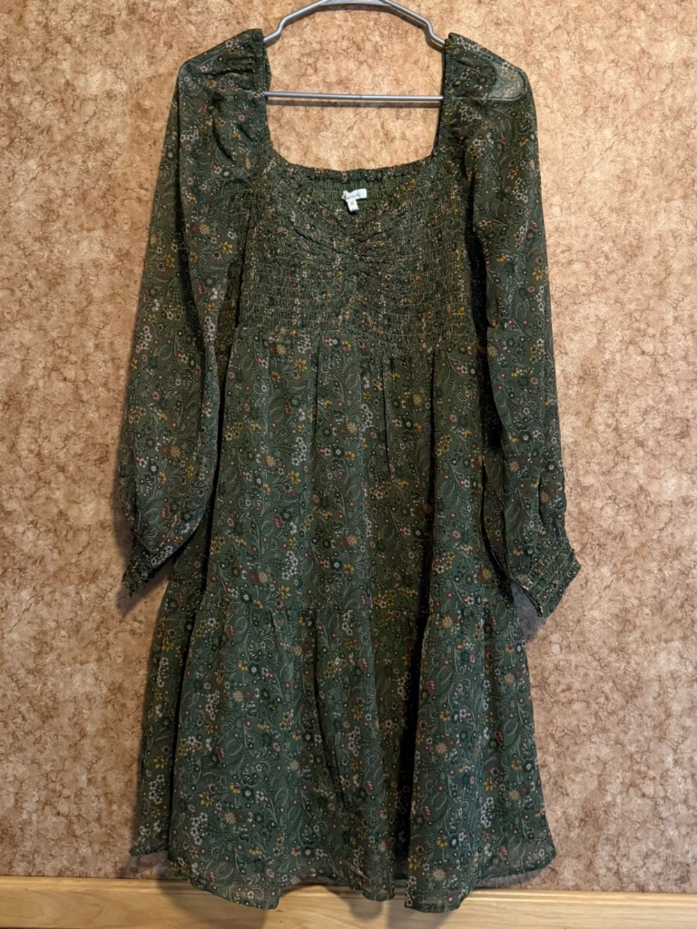 Maurices Olive Green Floral Smocked Long Sleeve Dress